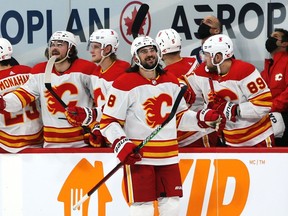 Calgary Flames defenceman Chris Tanev celebrates his second-period goal against the Winnipeg Jets at Bell MTS Place in Winnipeg on Monday, Feb. 1, 2021.