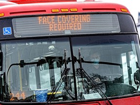 A Calgary Transit bus was photographed on Centre Street on Tuesday, Feb. 23, 2021.