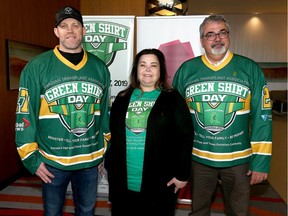 David Ayres, Joyce Van Deurzen and Toby Boulet pose at the Marriott In-Terminal Hotel in Calgary on Friday, March 6, 2020 to launch the second year of Green Shirt Day, in memoriam and in honour of Logan Boulet and all of the April 6, 2018 Humboldt Broncos bus crash victims and survivors.