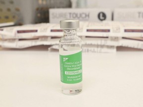 An AstraZeneca COVID-19 vaccine container at a Shopper's Drug Mart in Toronto, March 12, 2021.