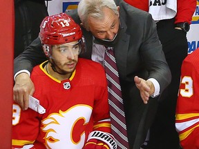 Calgary Flames head coach Daryl Sutter talks with forward Johnny Gaudreau during NHL action against the Montreal Canadiens at the Scotiabank Saddledome in Calgary on Saturday, March 13, 2021. Calgary won the game 3-1.
Gavin Young/Postmedia