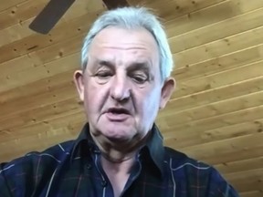 Darryl Sutter in a video clip from his farm in Viking, Alta.