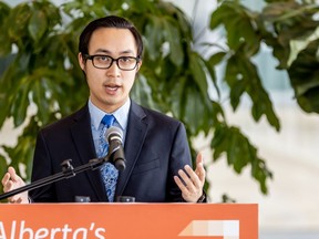 Edmonton-South NDP MLA Thomas Dang speaks about his private member's bill denouncing racist symbols on Friday, March 19, 2021.