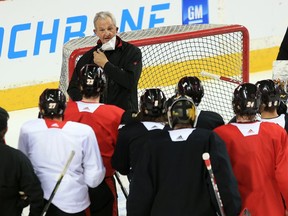New Calgary Flames head coach Darryl Sutter holds his first practice with the team on Tuesday, March 9, 2021.