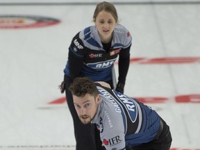 Calgary Ab, March 18, 2021.WinSport Arena at Calgary Olympic Park.Home Hardware Canadian Mixed Curling Championship.Team Peterman/Gallant.Jocelyn Peterman and Brett Gallant team up during draw 7 against team Grandy/Janssen.Curling Canada/ Michael Burns photo