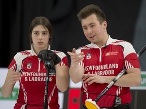 Greg Smith and Mackenzie Mitchell of Newfoundland and Labrador are pictured during the Home Hardware Canadian Mixed Curling Championship at the Markin MacPhail Centre in Calgary on Thursday, March 18, 2021.