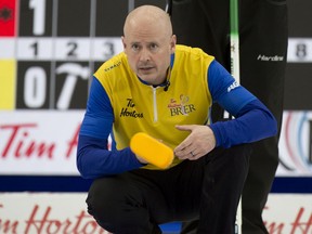 Calgary Ab, March 7, 2021.WinSport Arena at Canada Olympic Park.Tim Hortons Brier.Team Wild Card 2 skip Kevin Koe of Calgary Ab,looks down the ice during draw 5 game against PEI. Curling Canada/ Michael Burns Photo
