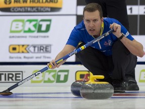 Alberta skip Brendan Bottcher sits in the house during his team’s game  against Northern Ontario at the Tim Hortons Brier at WinSport’s Markin MacPhail Centre in Calgary on Tuesday, March 9, 2021