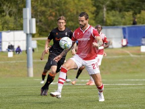 Cavalry FC’s Marcus Haber has possession of the ball in a Canadian Premier League match against Forge FC during the The Island Games tournament in Charlottetown, P.E.I., on Sept 15. 2020.