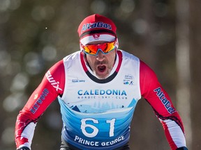 Prince George, B.-C., 24 February/2019 - Final results - Brian McKeever CAN (61) and guide Graham Nishikawa (gold), Sebastian Modin SWE (55) and guide Emil Joensson (silver), Erik Bye NOR (57) and guide Arvid Nelson (bronze) in the Classic Cross Country Long Visually Impaired Men's event at the 2019 World Para Nordic skiing Championships in Prince George, B.C. Photo Bob Frid/Canadian Paralympic Committee.