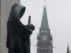 The statue representing justice looks out from the Supreme Court of Canada over the parliamentary precinct in Ottawa, Thursday, March 25, 2021.
