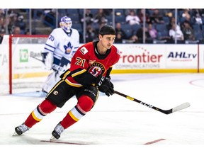 Calgary Flames forward prospect Glenn Gawdin participates in the skills competition at the 2020 AHL All-Star Classic.