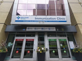 The mass-immunization site at the Telus Convention Centre on April 8, 2021.