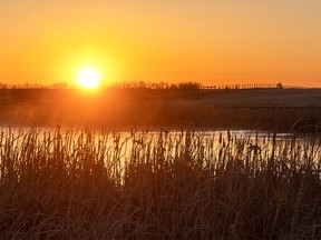 Dawn breaks over a pond just east of Calgary, Ab., on Tuesday, April 20, 2021.