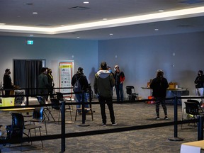 Sal Samanani briefs the workers at the new Indigenous Immunization Clinic in Calgary on Tuesday, April 13, 2021.