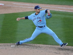 Toronto Blue Jays reliever Julian Merryweather pitches against the New York Yankees during the 10th inning of an opening day game at Yankee Stadium on Thursday.