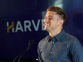 Harvest Builders CEO Chris Simair speaks at an Opportunity Calgary Investment Fund announcement in the East Village on Wednesday, July 22, 2020.