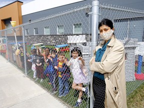 Shilpi Paul, who owns Chapter 1 Daycare in Royal Oak along with her husband, Abi, says their daycare could accommodate 20 more children, built around ratios if they could move their chainlink fence in the outdoor play area back by one foot all around but City Hall is turning the process into a quagmire or unnecessary cost and administrative wrangling in Calgary on Thursday, April 29, 2021.