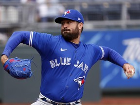 Blue Jays starting pitcher Robbie Ray delivers during the first inning against the Royals at Kauffman Stadium on April 18, 2021 in Kansas City.