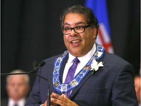 Calgary mayor Naheed Nenshi addresses the audience as members of Calgary's new council were sworn in during the Organizational Meeting of Council Swearing-In Ceremony of the Members of Council - Elect at the Calgary Municipal Building on Monday, Oct. 23, 2017.