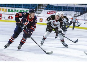 Calgary Flames first-rounder Connor Zary (left) is serving as captain of the Western Hockey League’s Kamloops Blazers in 2021. Allen Douglas/Kamloops Blazers