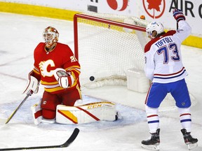 Calgary Flames goalie Jacob Markstrom is scored on by Montreal Canadiens Shea Weber in first period NHL action at the Scotiabank Saddledome in Calgary on Monday, April 26, 2021. Darren Makowichuk/Postmedia