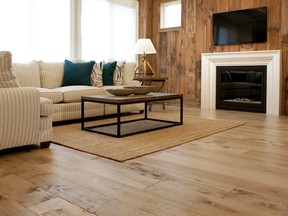 Hickory hardwood flooring can be made as full wood, engineered with a wood laminate over a plywood core (as pictured here), or as a vinyl that looks like hickory.