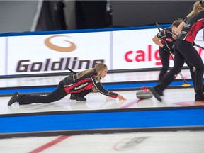Rachel Homan delivers a rock during the Pinty's Grand Slam of Curling Humpty's Champions Cup at WinSport's Markin MacPhail Centre in Calgary. Mike Cleasby/Grand Slam of Curling