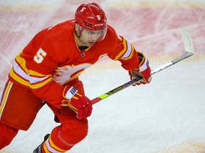 Calgary Flames captain Mark Giordano during warm-up before a game against the Toronto Maple Leafs at the Saddledome in Calgary on Sunday, April 4, 2021.