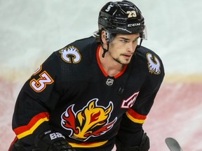 Calgary Flames Sean Monahan during warm-up before a game against the Toronto Maple Leafs in NHL hockey in Calgary on Monday April 5, 2021. Al Charest / Postmedia