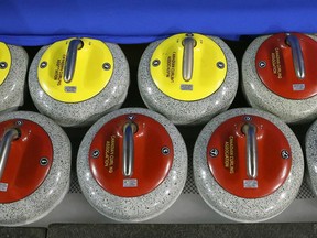 Curling rocks are lined up and ready on Tuesday February 24, 2015 in preparation for the Tim Horton's Brier starting Friday in Calgary, Alta. Jim Wells/Calgary Sun/QMI Agency