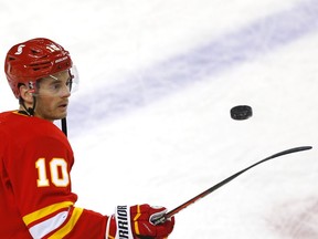 Calgary Flames Derek Ryan during warm up before taking on the Edmonton Oilers in NHL action at the Scotiabank Saddledome in Calgary in this photo from March 15.