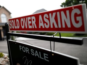A real estate sign that reads "For Sale" and "Sold Above Asking" in Vaughan, Ont.