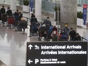 The arrivals lineup in Terminal One at Pearson International Airport on Feb. 22, 2021.