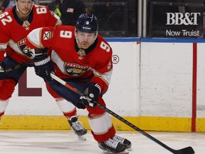 SUNRISE, FL - APRIL 19: Sam Bennett #9 of the Florida Panthers handles the puck against the Columbus Blue Jackets during second period at the BB&T Center on April 19, 2021 in Sunrise, Florida.