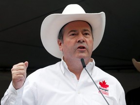 Alberta Premier Jason Kenney addresses supporters at the Premier's Stampede breakfast during the Calgary Stampede in Calgary, July 8, 2019.