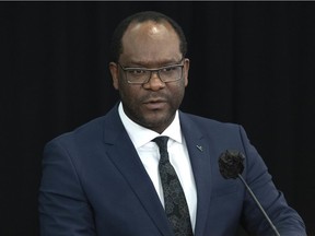 Justice Minister Kaycee Madu joins other provincial ministers as they speak from Edmonton and Calgary on Wednesday, May 5, 2021.