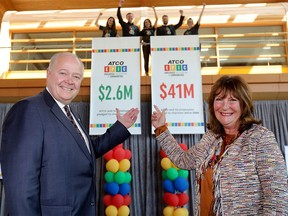 File photo: L-R, Siegfried Kiefer, President & Chief Strategy Officer and Nancy Southern, Chair & Chief Executive Officer of ATCO reveal the total dollars raised in 2018 for charities of employees' choice through the ATCO EPIC Program (Employees Participating In Communities) and the money raised to date at the ATCO Park, Commons Building in Calgary on Thursday, April 25, 2019.