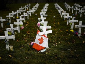 Crosses are displayed in memory of the elderly who died from COVID-19 at the Camilla Care Community facility during the COVID-19 pandemic in Mississauga, Ont., on Thursday, November 19, 2020.