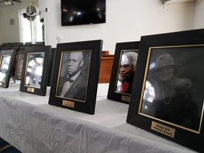 A tribute to the members of Vernon AME Church that survived the massacre but is now deceased on display during Sunday service for the 100-year anniversary of the 1921 Tulsa Massacre in Tulsa, Oklahoma, on May 30, 2021 REUTERS/LAWRENCE BRYANT