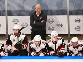 Head coach Rick Tocchet of the Arizona Coyotes handles bench duties during the game against the Nashville Predators at Rogers Place on August 2, 2020 in Edmonton.