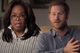 Oprah Winfrey and Prince Harry in a publicity still for their coming series.