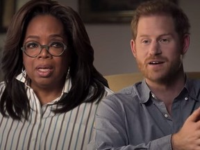 Oprah Winfrey and Prince Harry in a publicity still for their coming series.