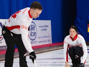 Team Canada's Kerri Einarson and Brad Gushue compete at curling's world mixed doubles tournament in Aberdeen, Scotland on Wednesday, May 19, 2021. Photos courtesy of © WCF / Celine Stucki