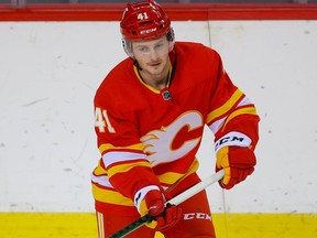 Calgary Flames  Matthew Phillips in warm up before an intrasquad game during NHL hockey training camp at the Saddledome in Calgary on Thursday January 7, 2021.  Al Charest / Postmedia