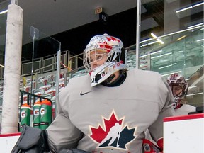 Manitoba-raised goalie Kristen Campbell hits the ice for a training-camp session with Hockey Canada in January 2021. Campbell is among the stars of the PWHPA's Secret Dream Gap Tour stop in Calgary.