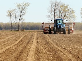 File - A farmer clears a field with a tractor.