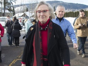 Minister of Crown-Indigenous Relations Carolyn Bennett and B.C. Indigenous Relations Minister Scott Fraser walk away after addressing the media in Smithers, B.C., Saturday, February 29, 2020.