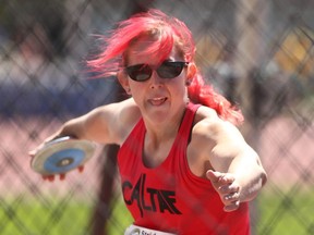 Rachel Andres throws the discus at the CALTAF Track Classic at Foothills Park In Calgary on Sunday, June 13, 2021.