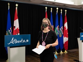 Dr. Deena Hinshaw, Alberta chief medical officer of health, leaves her final regularly scheduled COVID-19 update during a press conference at the Federal Building in Edmonton, on Tuesday, June 29, 2021.